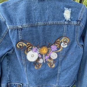 Women’s jean jacket steam punk art very unusual size medium custom embroidered